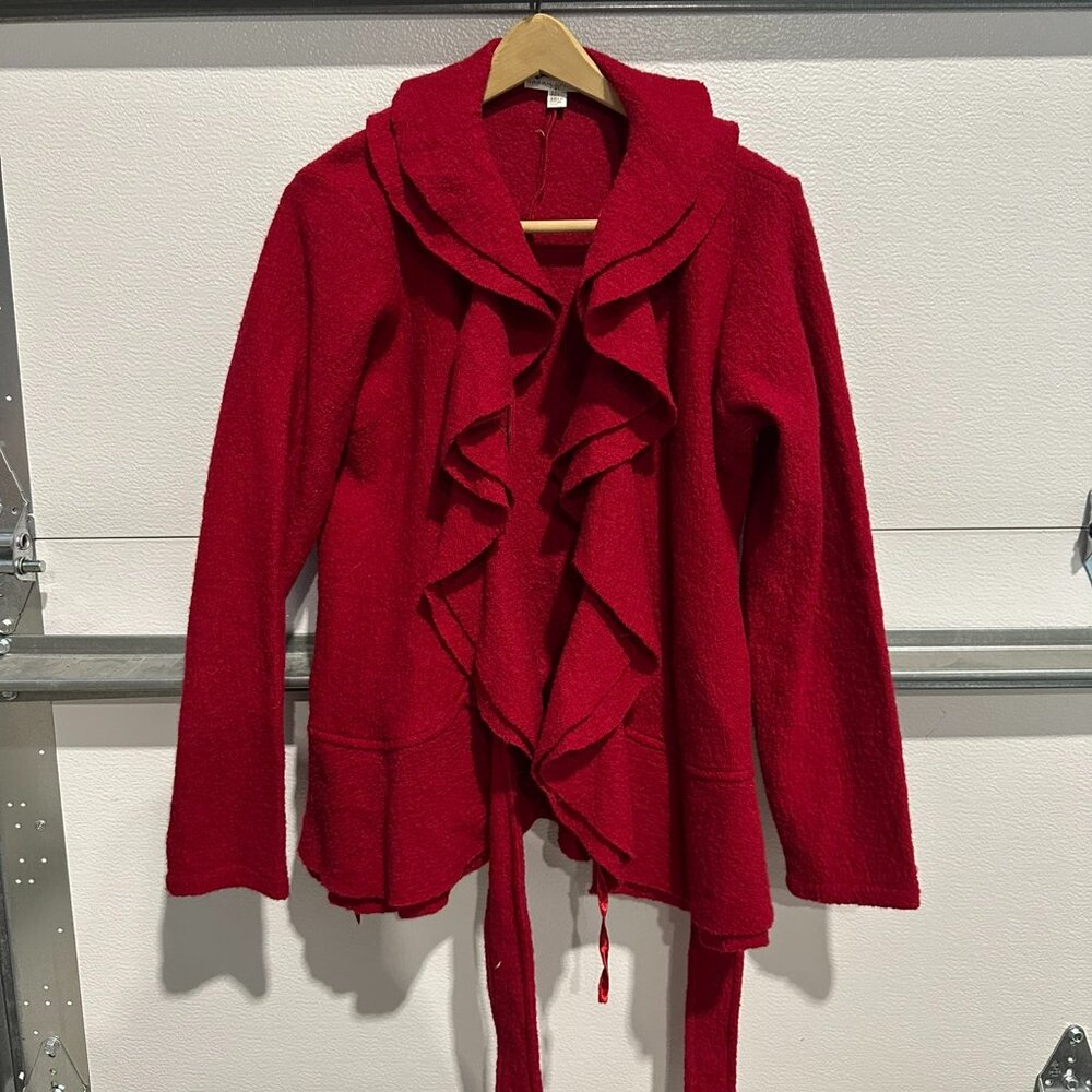 Sarah Spencer Red 100% Wool Ruffle Cardigan Jacket Size M